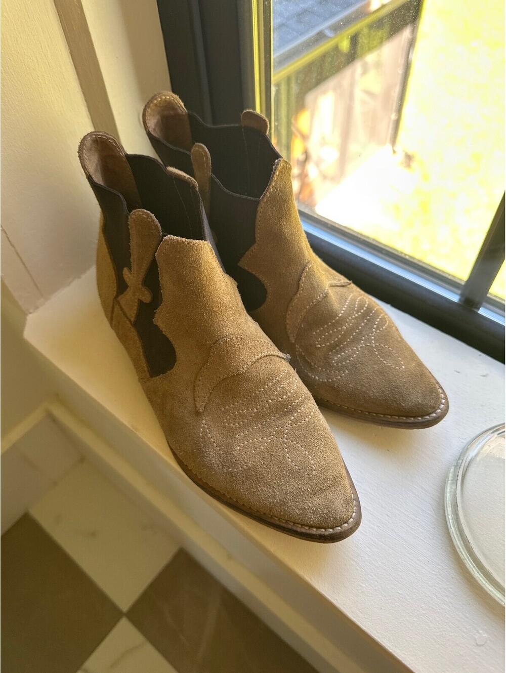 GANNI Tan Suede Western Chelsea Ankle Boots - Size EU 37 (US 6.5-7)